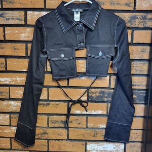 Rehab Lab Cropped Tie Behind Black Long Sleeve Shirt Goth Grunge Punk Large